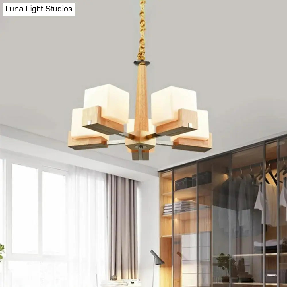 Modern Wood Cube Chandelier With Multiple Bulbs For Bedroom
