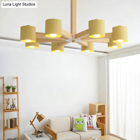 Modern Wood Cylindrical Kids Bedroom Pendant Light With Shade - Ceiling Chandelier