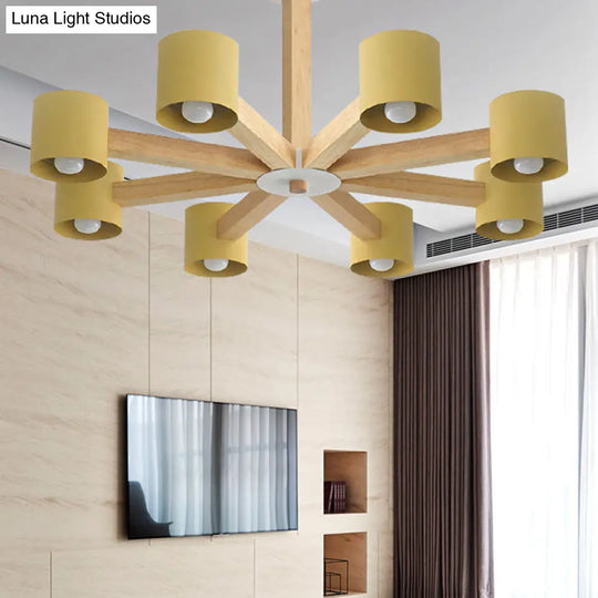 Modern Wood Cylindrical Kids Bedroom Pendant Light With Shade - Ceiling Chandelier