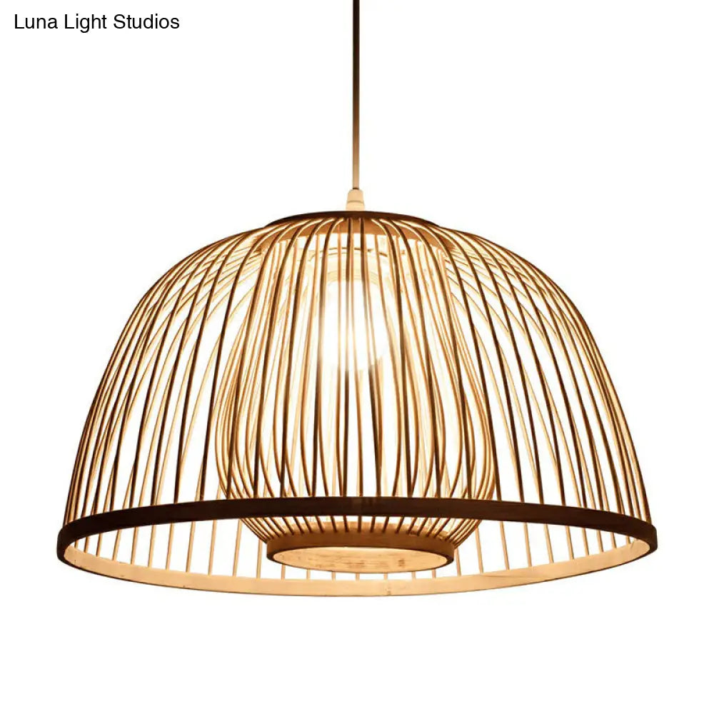 Modern Wooden Domed Ceiling Pendant With Bamboo Suspension And Cage Design