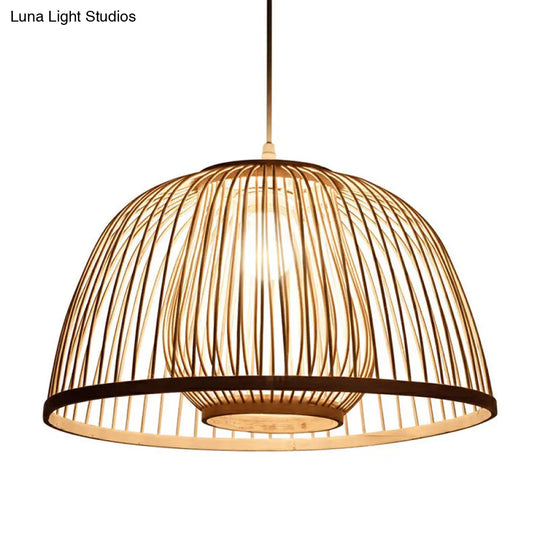 Modern Wooden Domed Ceiling Pendant With Bamboo Suspension And Cage Design