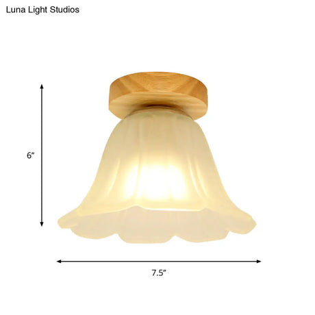 Modern Wood Flush Mount With White Glass Shade - 1 - Head Corridor Lamp