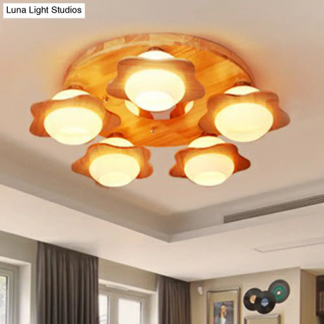 Modern Wood Flushmount Ceiling Light With Ivory Glass Shade And 5 Lights For Bedroom
