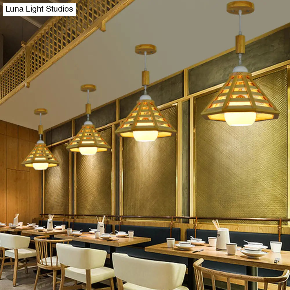 Modern Wood Pendant Light Fixture For Dining Room - Cone Cage Down Lighting 1 Beige Lamp