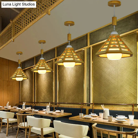 Modern Wood Pendant Light Fixture For Dining Room - Cone Cage Down Lighting 1 Beige Lamp