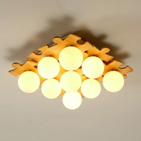 Modern Wood Puzzle Design Semi Flush Ceiling Light With White Glass Ball 9 /