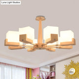 Modern Wood Radial Semi Flush Ceiling Lamp With White Glass Shade - 3/5/8 Lights Beige Fixture