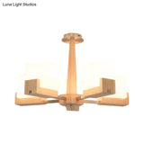 Modern Wood Radial Semi Flush Ceiling Lamp With White Glass Shade - 3/5/8 Lights Beige Fixture