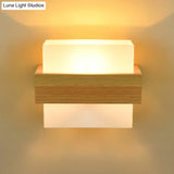 Modern Wood Rectangle Wall Lamp With Beige Sconce White Glass Shade