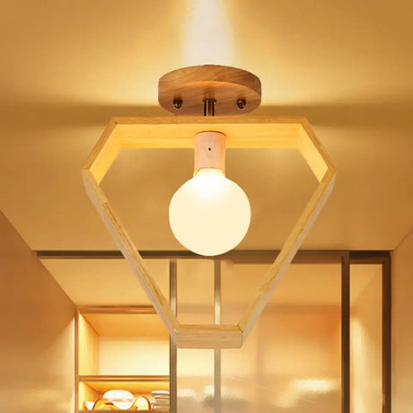 Modern Wood Semi Flush Mount Light - Triangle/Square/Pentagon Shape With White Glass 1 Head Ceiling