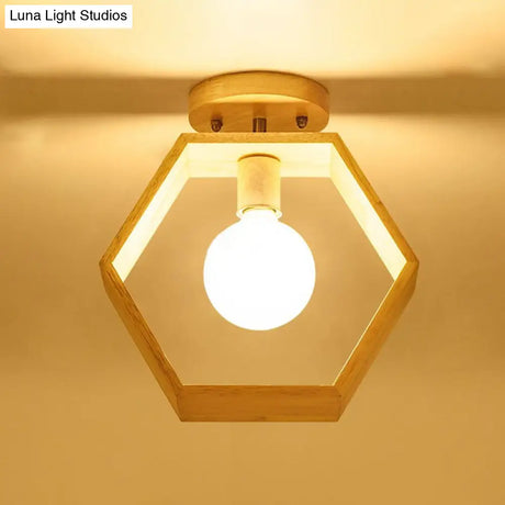 Modern Wood Semi Flush Mount Light - Triangle/Square/Pentagon Shape With White Glass 1 Head Ceiling