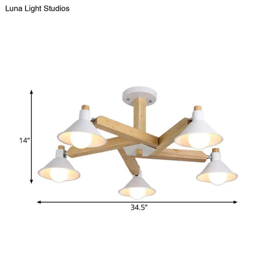 Modern Wood Spiral Semi Flush Mount Ceiling Lamp With 5 White Lights And Metal Cone Shade