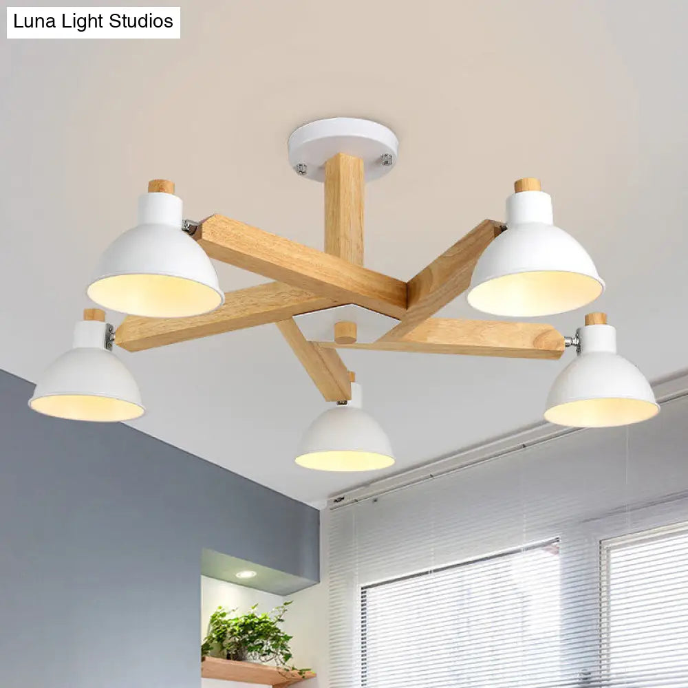 Modern Wood Spiral Semi Flush Mount Ceiling Lamp With 5 White Lights And Metal Cone Shade