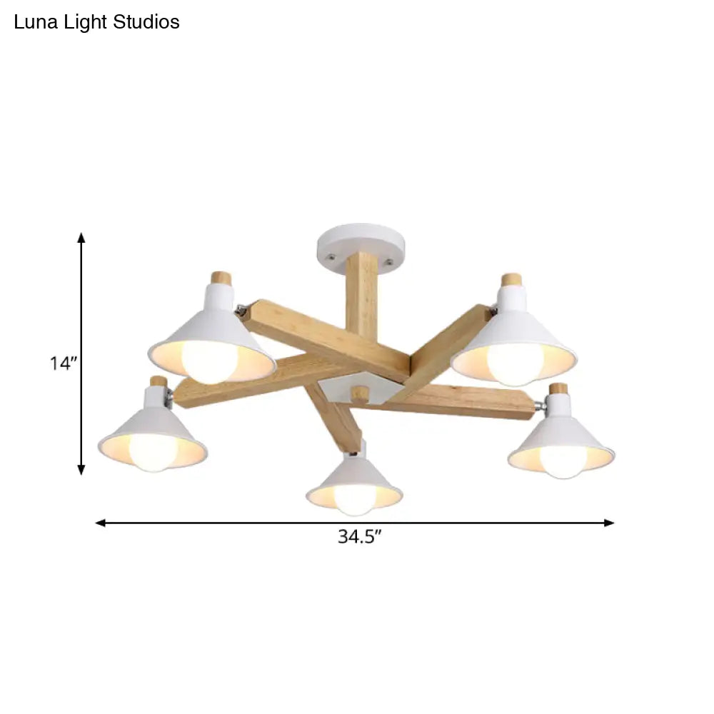 Modern Wood Spiral Semi Flush Mount Ceiling Lamp With 5 White Lights And Metal Cone Shade
