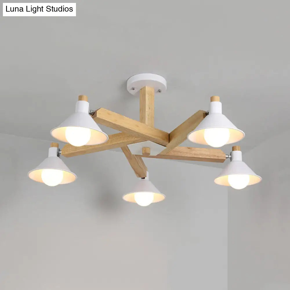 Modern Wood Spiral Semi Flush Mount Ceiling Lamp With 5 White Lights And Metal Cone Shade