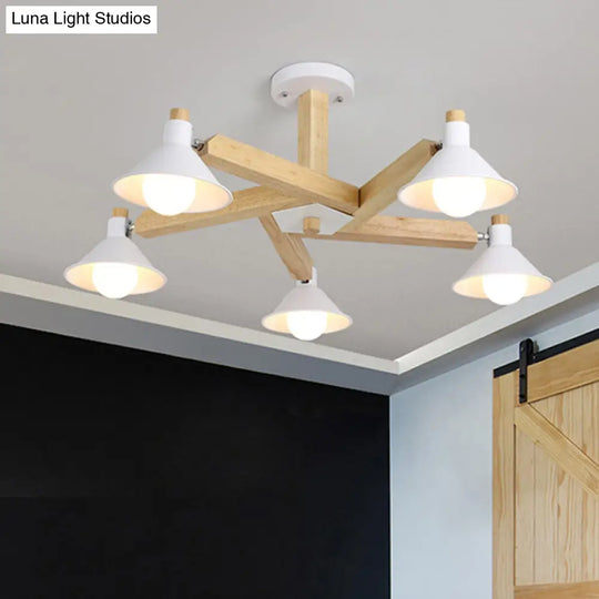 Modern Wood Spiral Semi Flush Mount Ceiling Lamp With 5 White Lights And Metal Cone Shade