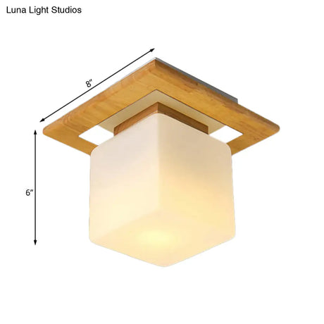 Modern Wood Square Semi Flush Mount Light With Milk Glass Shade