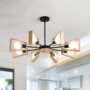 Modern Wood Trapezoid Chandelier With 8-Head Black Suspended Lamps And Radial Design