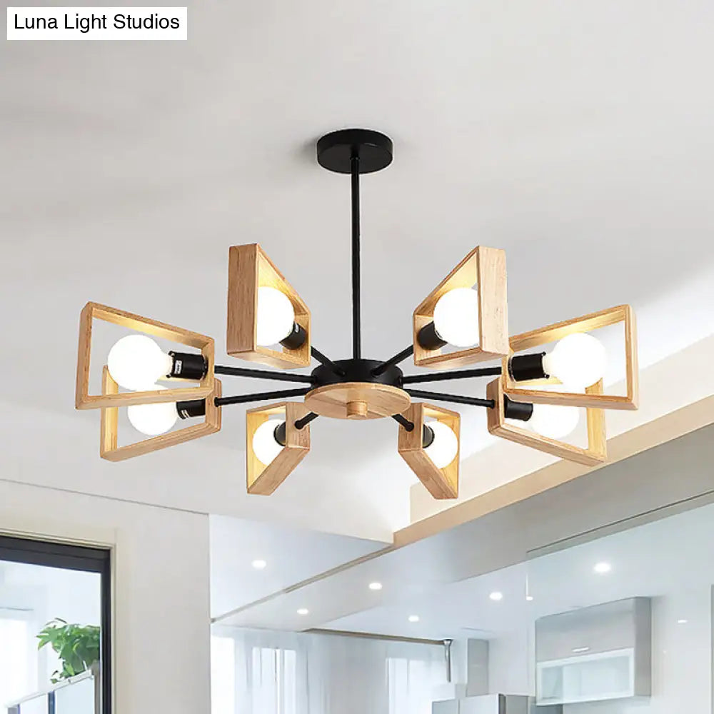 Modernist Wood Trapezoid 8-Head Suspension Lamp: Black Radial Ceiling Chandelier