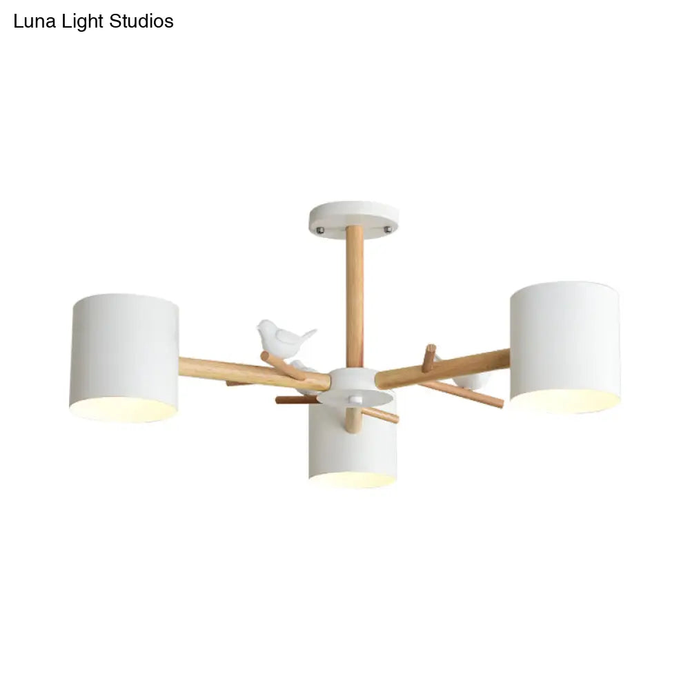 Modern Wooden Branch Flush Chandelier With Ball Cream Glass Shades - Nordic Design 3/6/8 Heads White
