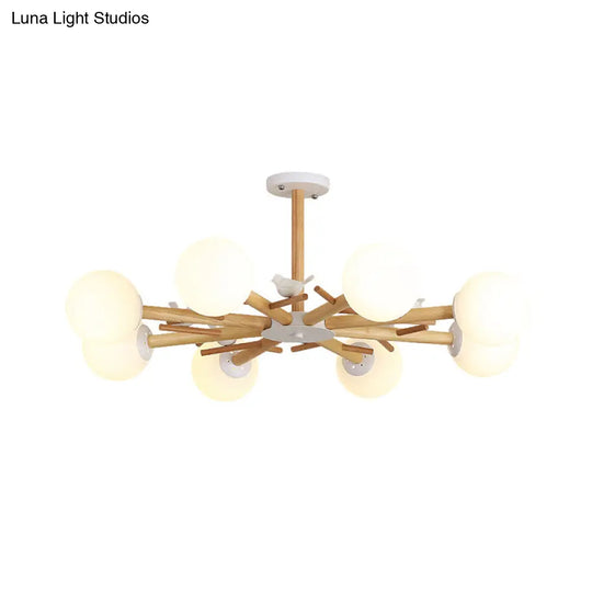 Modern Wooden Branch Flush Chandelier With Ball Cream Glass Shades - Nordic Design 3/6/8 Heads White