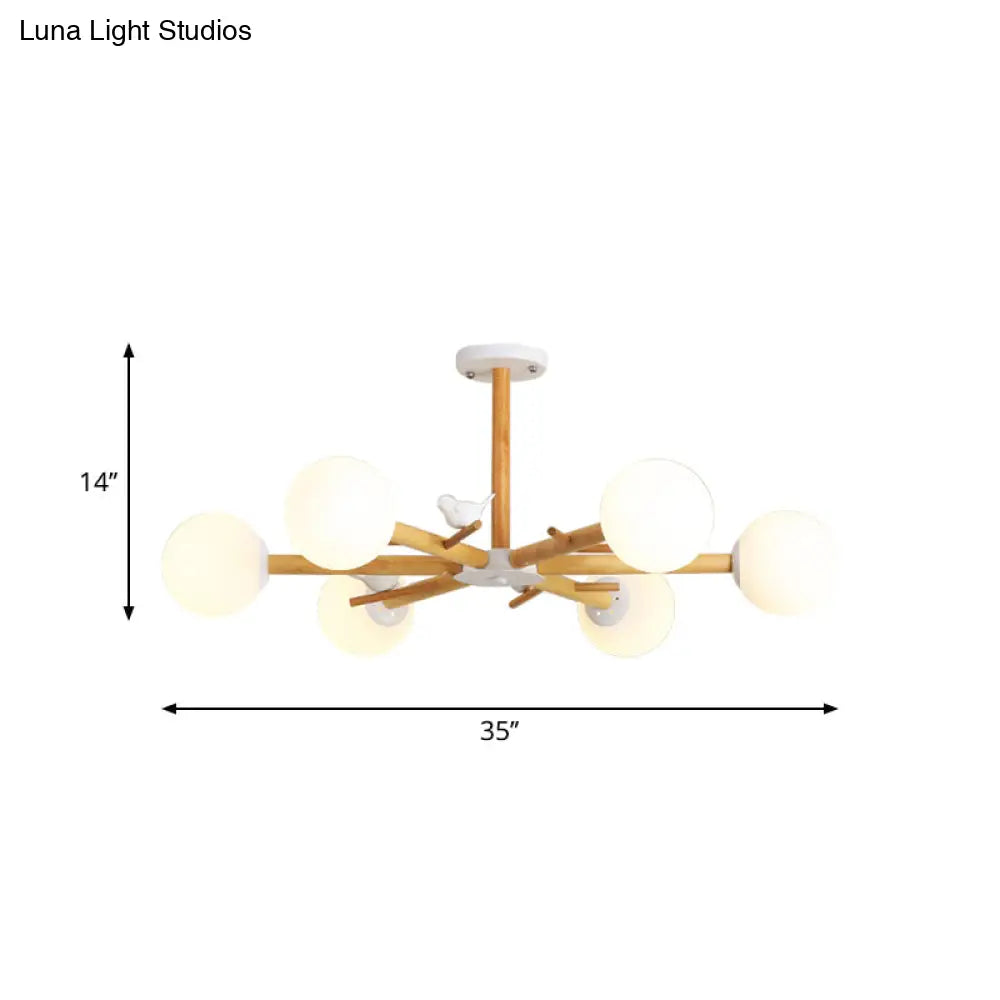 Modern Wooden Branch Flush Chandelier With Ball Cream Glass Shades - Nordic Design 3/6/8 Heads White