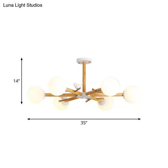 Modern Wooden Branch Flush Chandelier With Ball Cream Glass Shades - Nordic Design 3/6/8 Heads White