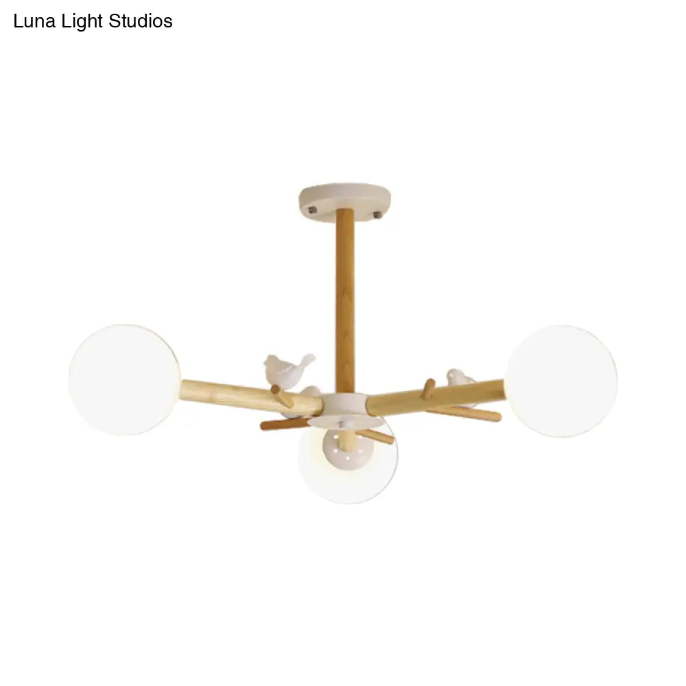 Modern Wooden Branch Flush Chandelier With Ball Cream Glass Shades - Nordic Design 3/6/8 Heads White
