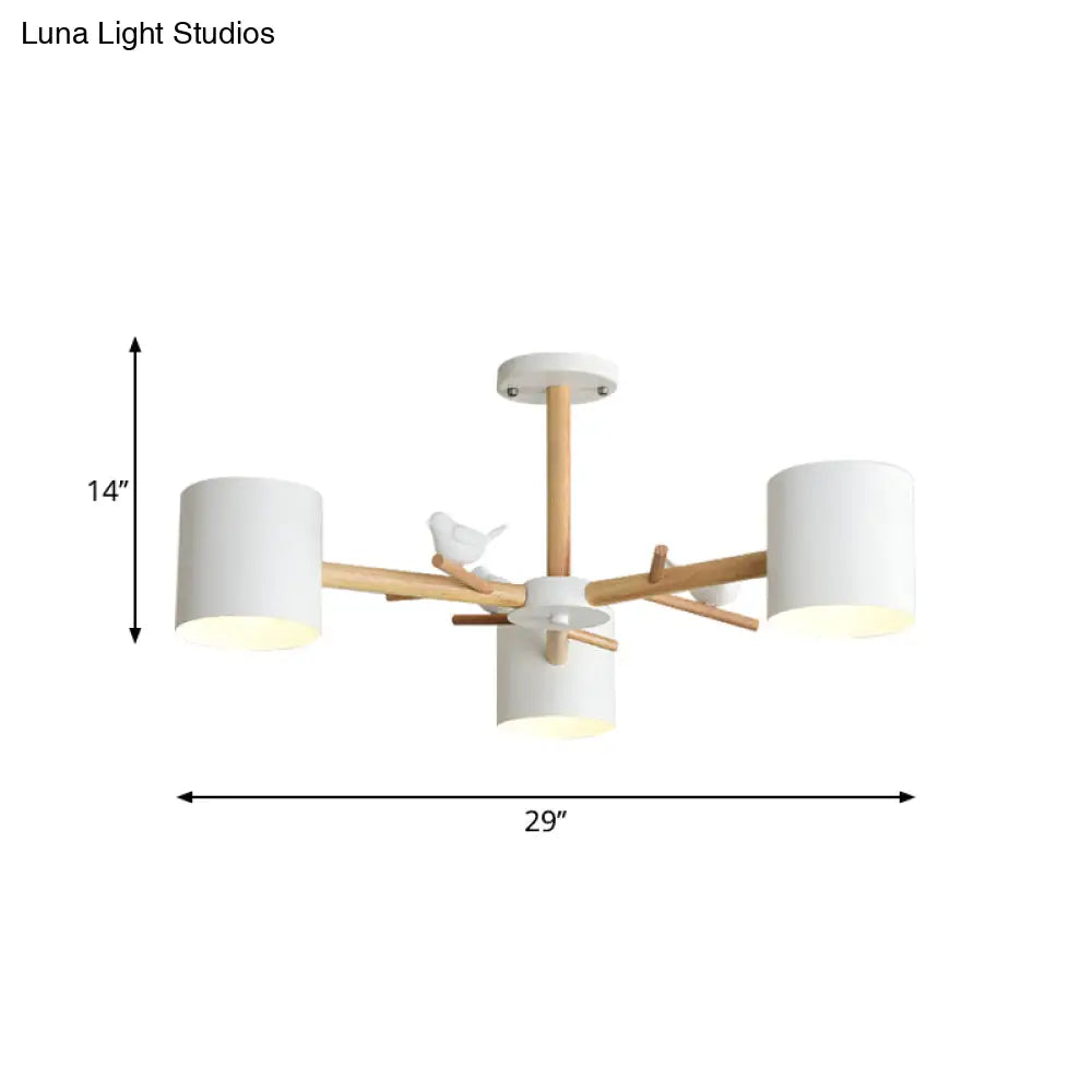 Modern Wooden Branch Flush Chandelier With Ball Cream Glass Shades - Nordic Design 3/6/8 Heads White