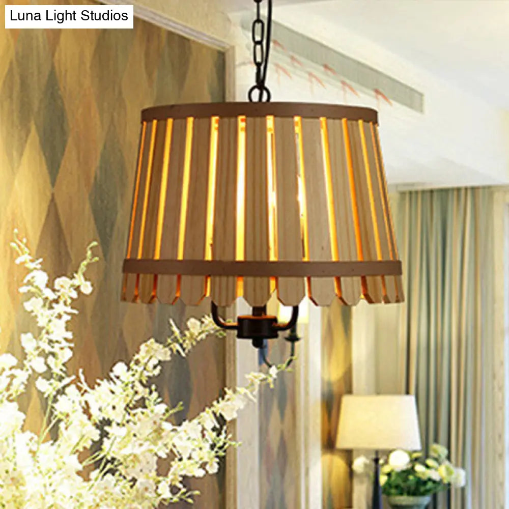 Modern Wooden Chandelier Light Fixture - 12.5/16.5 Wide Slatted Design 3 Lights Blue/Green/Wood
