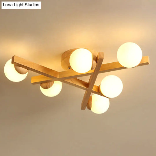 Modern Wooden Crossed Lines Flush Mount Light Fixture With Multi-Bulbs For Bedroom Ceiling