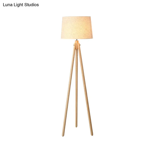 Modern Wooden Led Bedside Floor Lamp With Tripod Stand & Drum Fabric Shade
