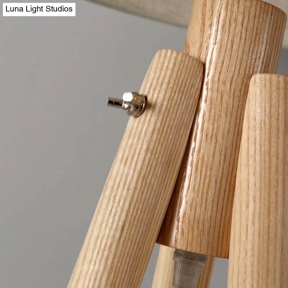 Modern Wooden Led Bedside Floor Lamp With Tripod Stand & Drum Fabric Shade
