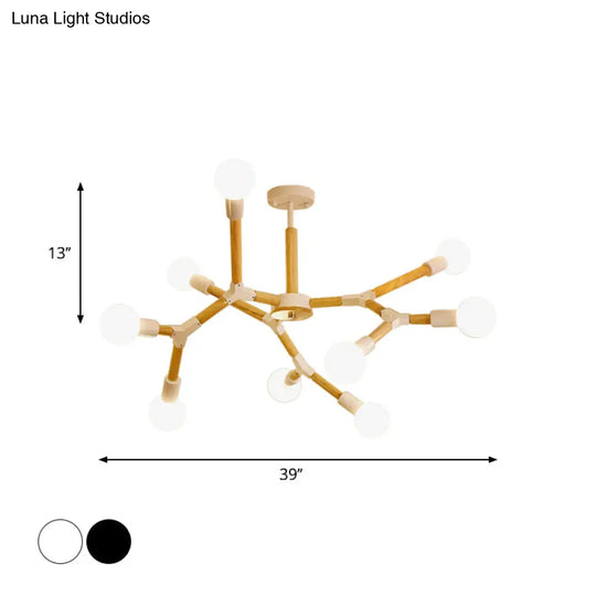 Modern Wooden Molecular Chandelier With Bare Bulbs - 3/6/9 Lights Black/White Ceiling Hang Lamp