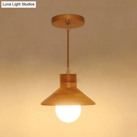 Modern Wooden Pendant Light In Beige For Kid’s Room - Coolie Shade Hanging With Linear/Round Canopy