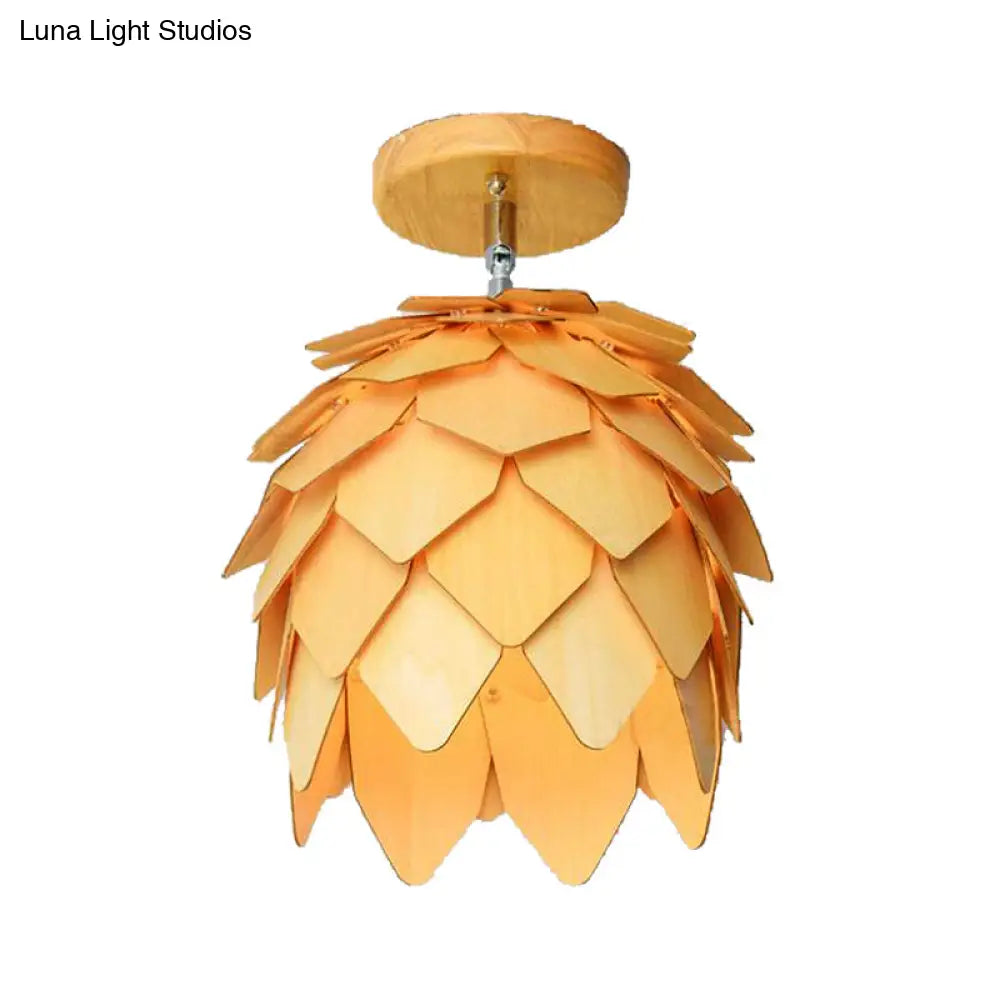 Modern Wooden Square/Trumpet/Pineapple Semi-Flush Ceiling Light - 1 Indoor Mount