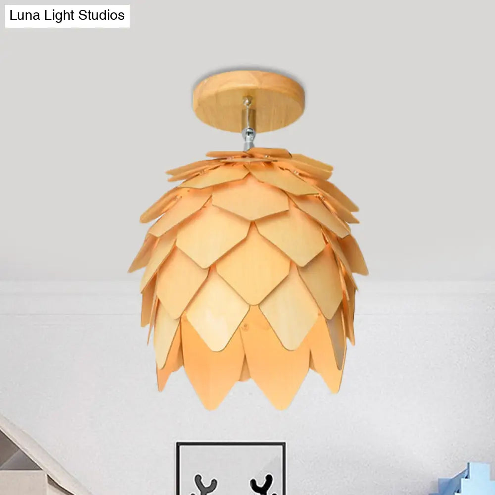 Modern Wooden Square/Trumpet/Pineapple Semi - Flush Ceiling Light - 1 Indoor Mount Wood / Pineapple