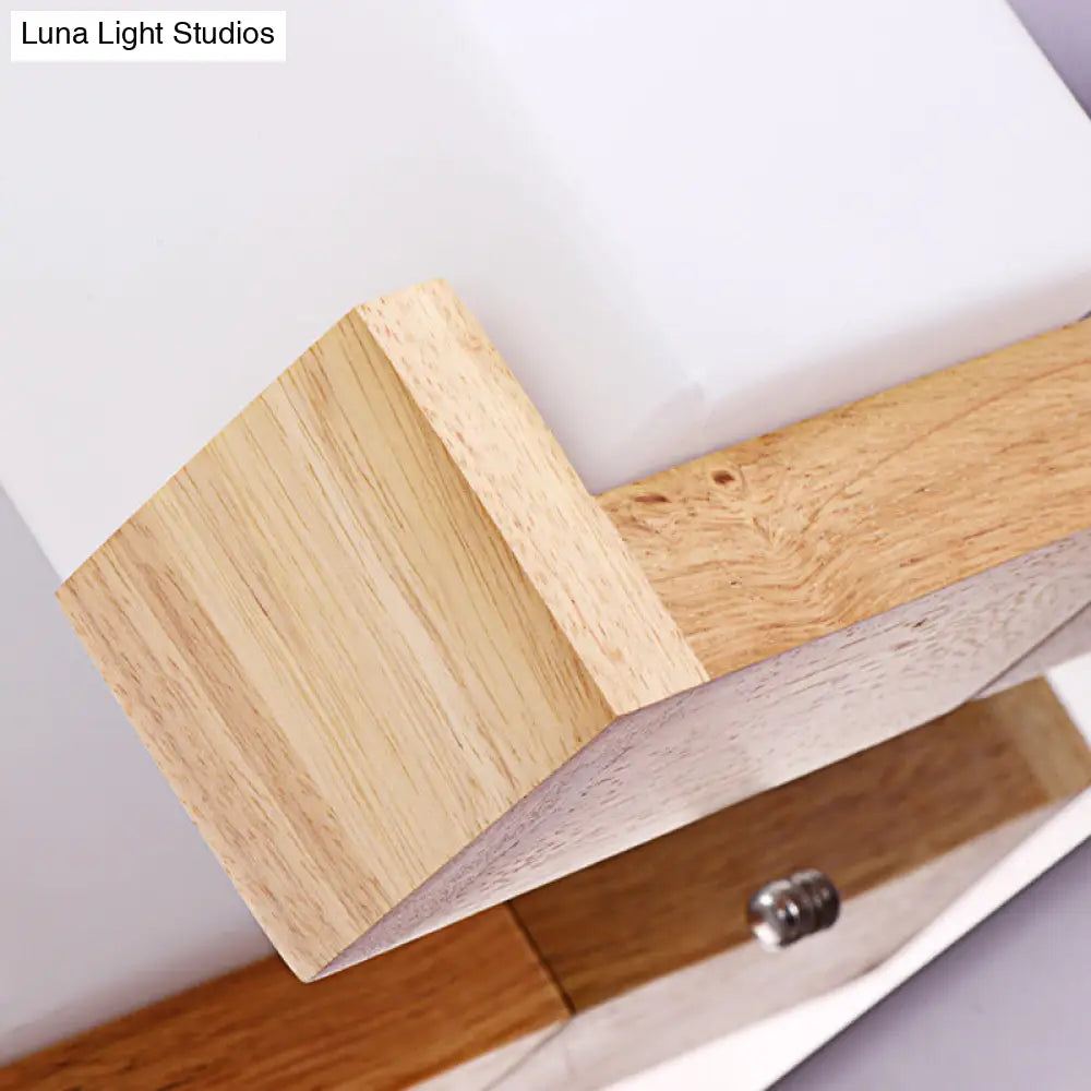 Modern Wooden Square Wall Mount Sconce Light With Simple Glass Shade For Bedroom