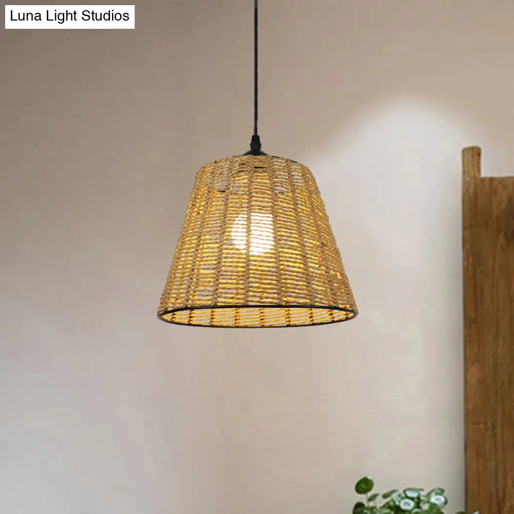Modern Woven Rattan Pendant Lamp - Beige Bucket Hanging Light Fixture 1-Light Indoor