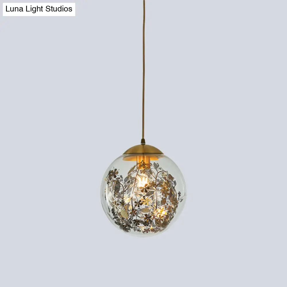 Modern Yellow Ball Pendant Lamp - 1-Head Clear Glass Ceiling Light With Inner Shattered Leaves
