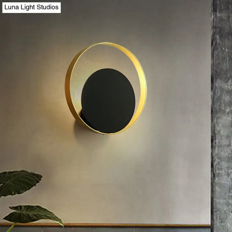 Modernist 1-Head Black And Gold Led Wall Lamp - Metallic Round Sconce Light Fixture For Corner