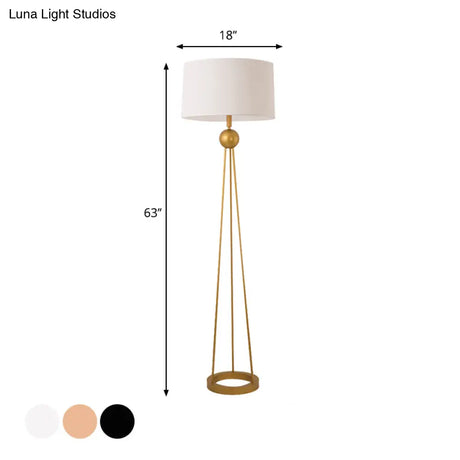 Modernist 1-Light Tripod Floor Lamp In White/Black/Flaxen With Drum Fabric Shade For Living Room