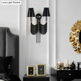 Modernist 2-Light Plastic Cone Shade Wall Sconce With Aluminum Tassel In Black/Silver