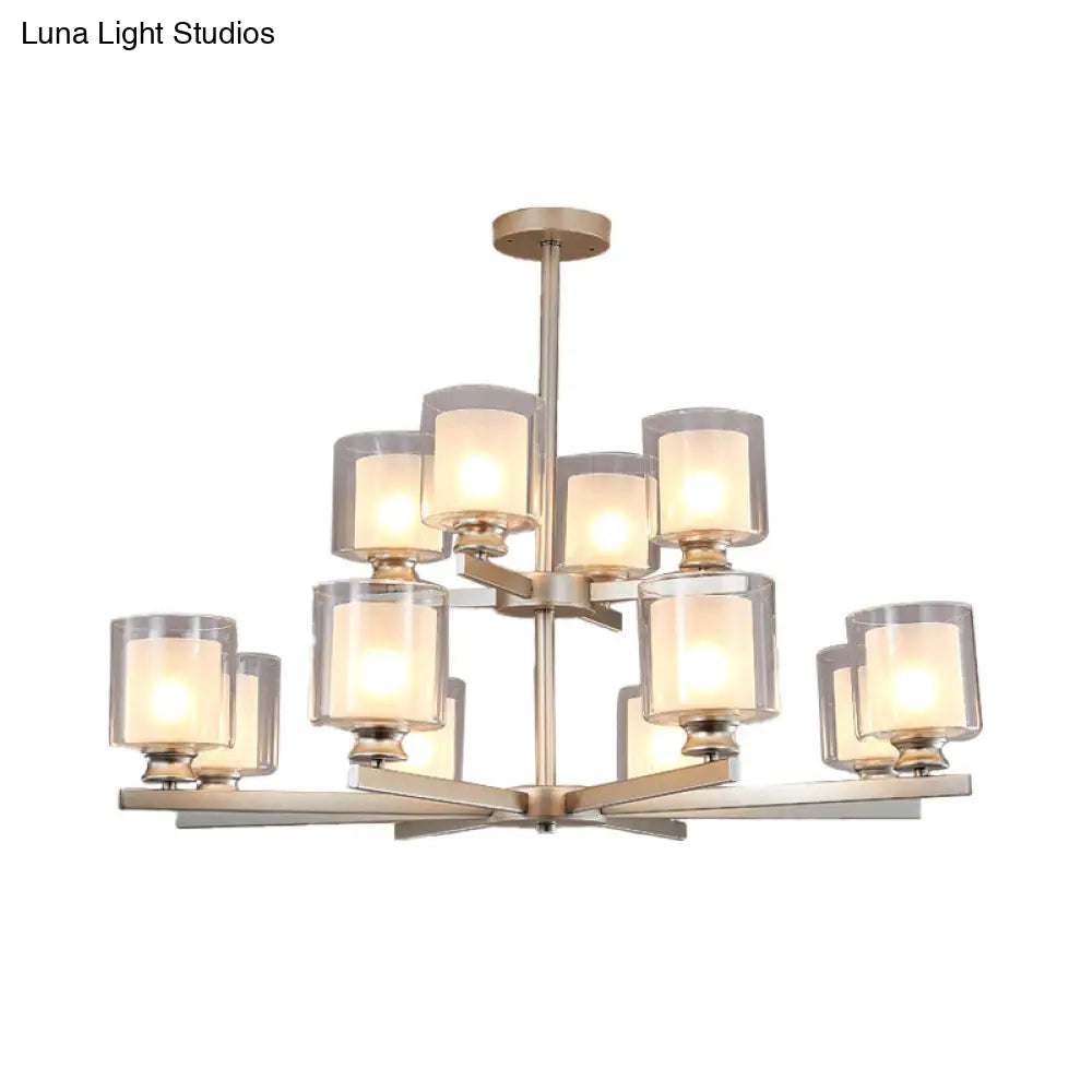 Modernist 2-Tier White Glass Chandelier With Radial Design - 12 Lights: Black/Gold/Silver Hanging