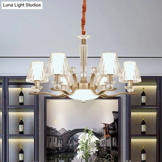 Modern Crystal Glass Cone Pendant Lamp Kit With 6 Bulbs - Elegant Gold Chandelier For Bedrooms