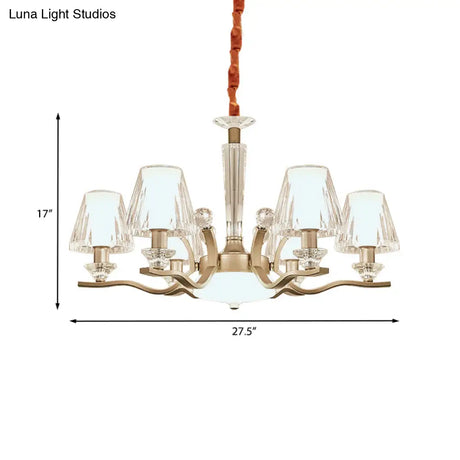 Modernist 6-Bulb Clear Crystal Glass Cone Hanging Lamp Kit In Gold For Bedroom Chandelier