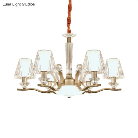 Modernist 6-Bulb Clear Crystal Glass Cone Hanging Lamp Kit In Gold For Bedroom Chandelier