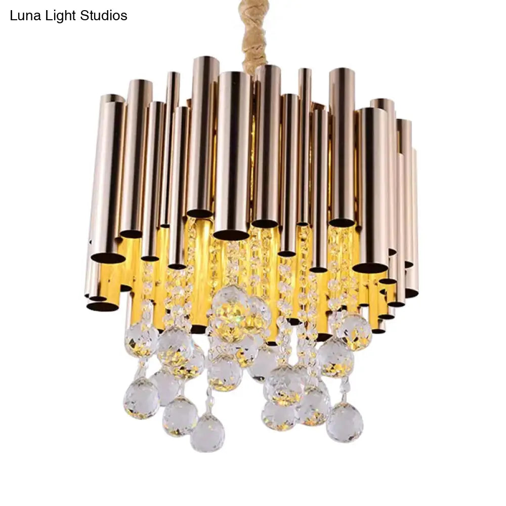 Modern Slim Tube Metal Chandelier Light: 6-Lights Gold/Rose Red Finish Crystal Ball Decoration