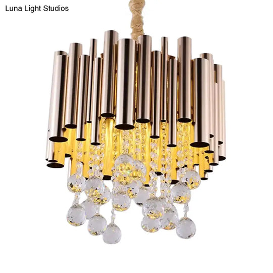 Modern Slim Tube Metal Chandelier Light: 6-Lights Gold/Rose Red Finish Crystal Ball Decoration