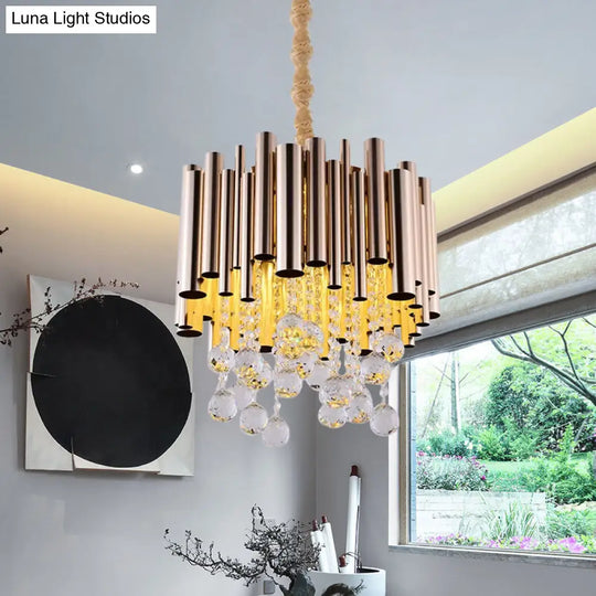 Modern Slim Tube Metal Chandelier Light: 6-Lights Gold/Rose Red Finish Crystal Ball Decoration Gold